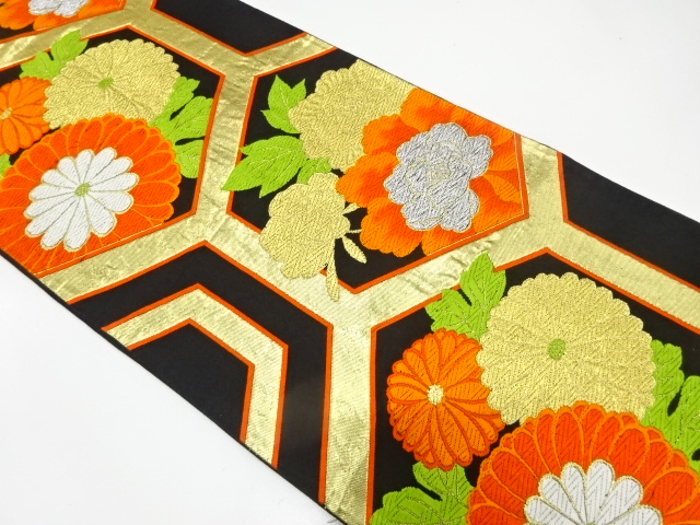 アンティーク　亀甲に牡丹・菊模様織り出し袋帯（材料）